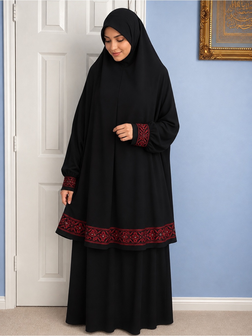 Elegant Black Women's prayer garment with Red Embroidered Trim